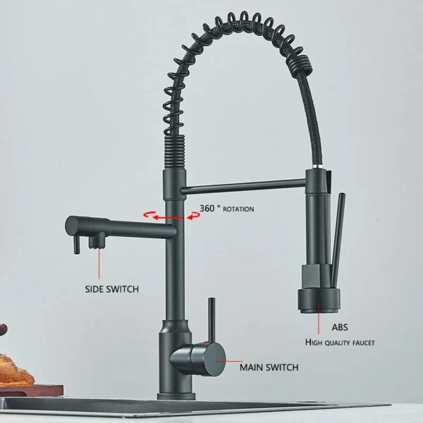 Kitchen Sink Faucet Pull Down Hot and Cold Water Mixer2 Mode Tap with Dual Spout 360 Rotation Flexible Deck Mounted - Image 3